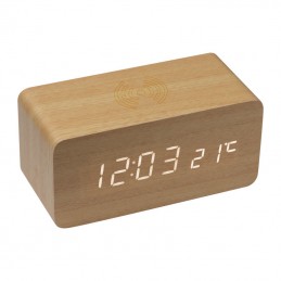 Ceas din lemn multifunctional, cu încărcător wireless - 3151513, Beige